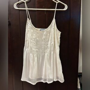 American Eagle Outfitters Cream Embroidered Smocked Babydoll Tank-top Y2K